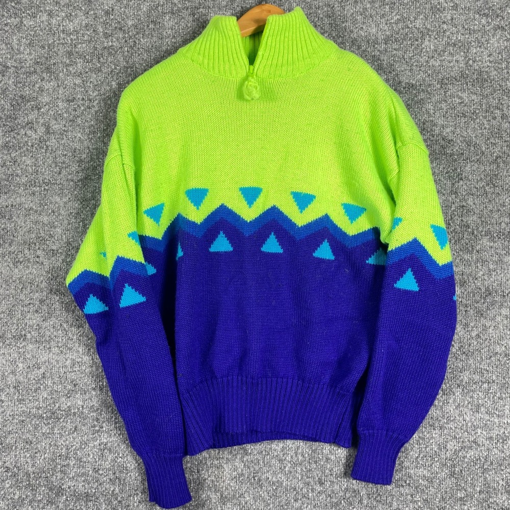 VTG Obermeyer Sweater Womens Medium Neon Green Purple Ski Retro 80s Wool Blend